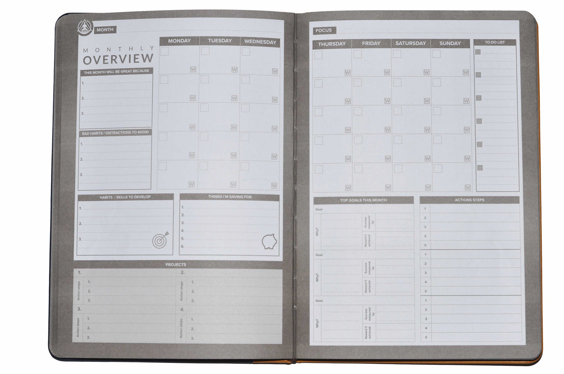 Best Undated Daily Planner Calendar & Gratitude Journal to Enhance Your Productivity + Time + Happiness + Mental Health | Accomplish All Your Goals in 2019! | Deluxe Faux Leather Notebook Agenda & Personal Organizer | A5 Sized (8.5" L x 6.1" W x 1.3" H) | Transcending Waves Planner