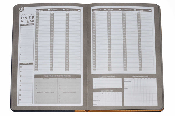 Best Undated Daily Planner Calendar & Gratitude Journal to Enhance Your Productivity + Time + Happiness + Mental Health | Accomplish All Your Goals in 2019! | Deluxe Faux Leather Notebook Agenda & Personal Organizer | A5 Sized (8.5" L x 6.1" W x 1.3" H) | Transcending Waves Planner